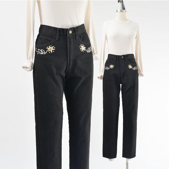Vintage 90s Black Western Slim Fit Embroidered Star Rhinestone Jeans XS S - Picture 1 of 9
